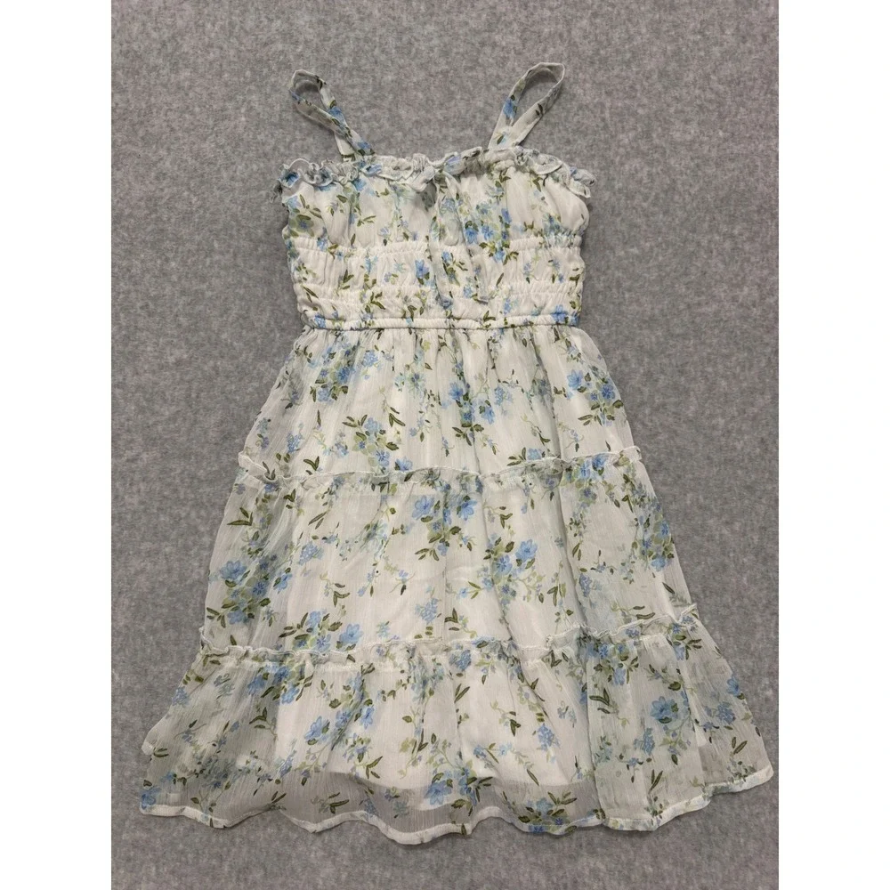 Rare Editions Girls Blue Floral Smocked Tiered Chiffon Sundress Size 5 Easter
